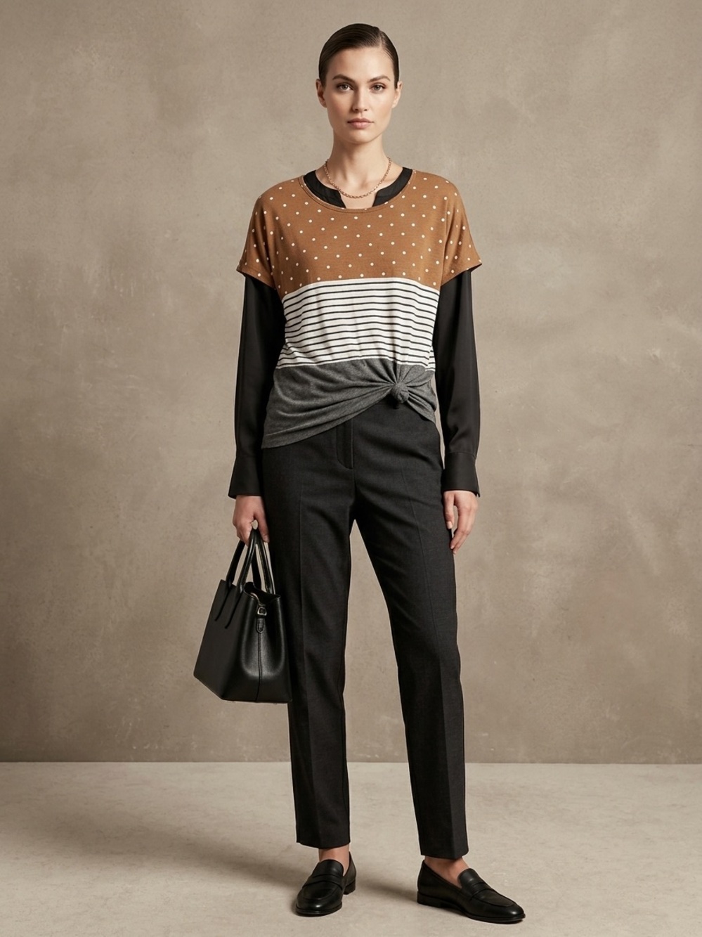 Maurices Brown, Black & Gray Polka Dot Layered Short Sleeve Tee